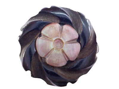 Large Vintage Black Carved Bakelite Button w/5 Petaled Iridescent Shell Inset - Image 1 of 4