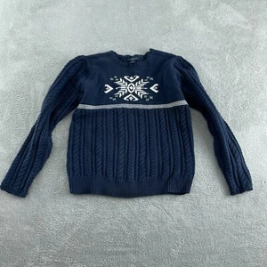 Lands End Girls XL Cable Knit Navy Sweater With Snowflake Design 100% Cotton 367 - Picture 1 of 8