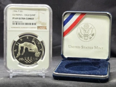 1996 P OLYMPICS - HIGH JUMP- $1 - NGC PF69 UC - .999 SILVER COIN BROWN LABEL - Image 1 of 4