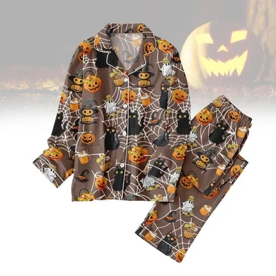 Conjunto de pijama unissex Halloween abóbora gato manga longa botão top e calça P-5XL - Imagem 1 de 4