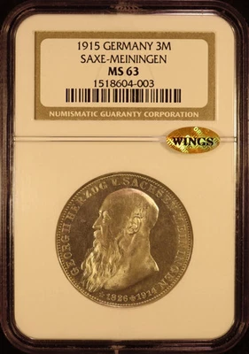 1915 Germany Saxe-Meiningen 3 Mark - NGC MS63 Gold Wings - Superb Eye Appeal! - Image 1 of 4