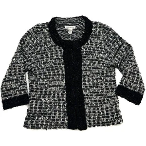 Susan Bristol Knit Cardigan Sweater Black & White Wool Blend Womens Large Preppy - Picture 1 of 11