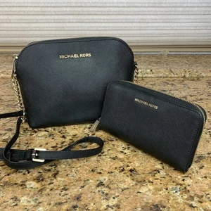 Michael Kors Jet Set Cindy Dome Black Saffiano Crossbody Bag Purse Wallet - Picture 1 of 24