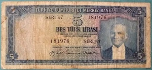 TURKEY 5 LIRA NOTE ISSUED 1959 (LAW OF 1930 ), P 155A, BACK -  GREEN, SERIE E 7 - Picture 1 of 2