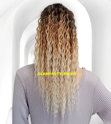 22'' HUMAN HAIR BLEND PONYTAIL CURLY LAYERED HAIR PIECE EXTENSIONS BROWN BLONDE - Image 1 of 3