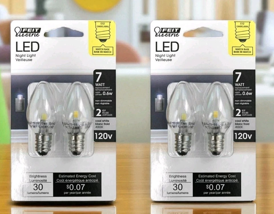 2 Packs 1W Clear White LED E-12 Base Night Light Bulbs 2-Pack Feit Electric New  - Image 1 of 1