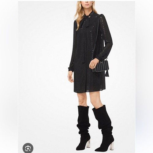 Abito camicia Michael Michael Kors nero a pois georgette cravatta collo XXS