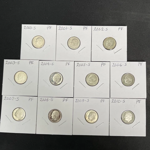 2000 - 2010 S Roosevelt Dime Proof Run Set 11 US Coins. Gem proof Deep Cameo Cover