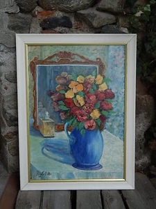 DIPINTO A OLIO SU TELA VASO DI FIORI ALLO SPECCHIO FIRMATA RENATO DALLE 1992 - Picture 1 of 5
