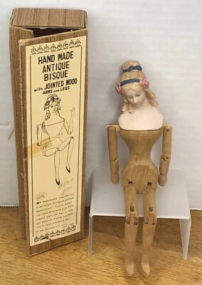 VINTAGE SHACKMAN HAND MADE ANTIQUE BISQUE DOLL JOINTED WOOD ARMS LEG W/BOX JAPAN - Image 1 of 4