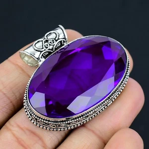 Blue Amethyst Gemstone Handmade 925 Sterling Silver Jewelry Pendant 2.2" - Picture 1 of 4