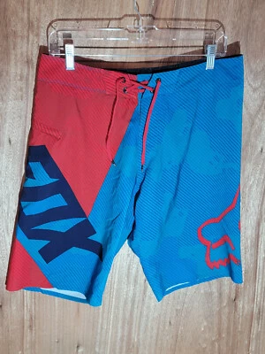 fox board shorts mens size large drawstring 11 in. inseams stripe red blue - Image 1 of 4