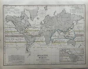 1850 Distribution Of World Winds Chart Hand Coloured Map By Augustus Petermann - Picture 1 of 3