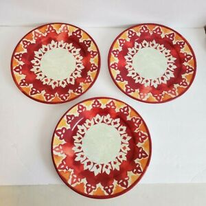 Williams Sonoma Red Orange Byzantine Sun Melamine 11" Patio Dinner Plates Set 3 