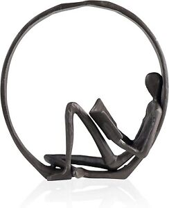 Contemporary Encircled Male Female Reader Cast Iron Sculpture Bookend Statues 2P