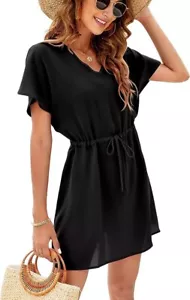 Bluetime Women Cover up V-Neck Beachwear Flowy Short Sleeve Mini Dress Size XL - Picture 1 of 3