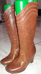 Fiorentini + Baker Cognac Brown Leather Rounded Toe Wedge Heel Tall Boots sz 6 - Picture 1 of 12