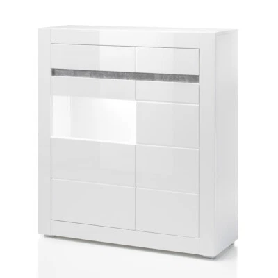 Highboard Vitrine Hochglanz weiß Anrichte LED Wohnzimmer Kommode Vitrinenschrank - Bild 1 von 4