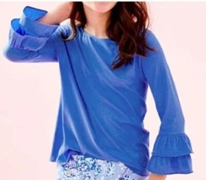 NWT Little Lilly Pulitzer Girls Ruffle Mazie Top Shirt Small 4/5 Coastal Blue - Picture 1 of 4
