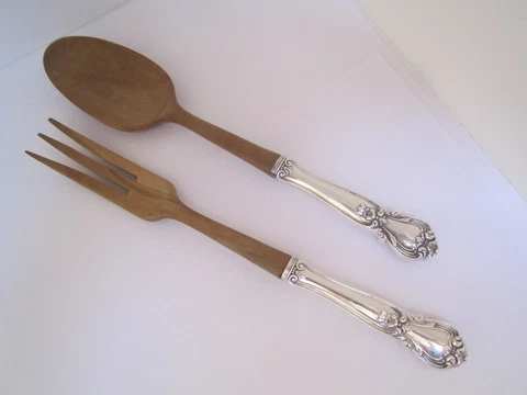 ❤️ STERLING Handle & Wood Salad Set - Fork & Spoon 10-1/2 inch -No Mono - Clean Cover