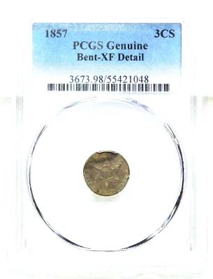 1857 Three 3 Cent Silver PCGS XF Detail Bent Just Graded New Holder #SB10 - Image 1 of 4