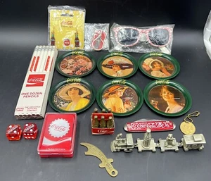 Lot of 12 Coca Cola Collectibles Coasters Brass Mini Bottles Dice Pewter Train - Picture 1 of 11