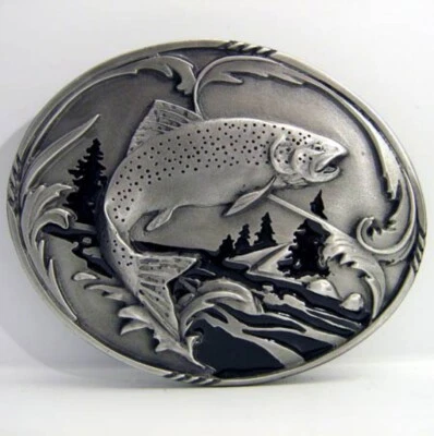 PIRATE OUTFITTERS Buckle mit springender Forelle, Angeln, Fliegenfischen, Gürtelschnalle