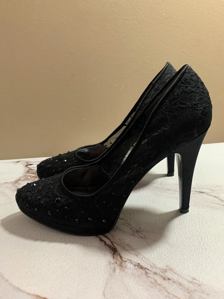 BOMBA TACÓN MALLA ADORNADO NEGRO MUJER NINE WEST TALLA 7.5 Foto 1 de 4