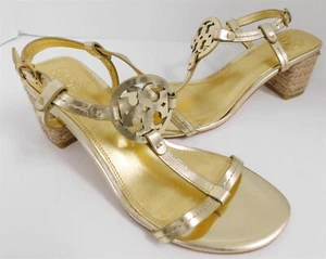 Tory Burch Miller Gold Metallic Leather T-Strap Chunky Heel Sandals 7.5 M - Picture 1 of 5