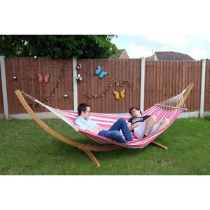 Outdoor Swing Hammock with Wooden Stand, 2 Persons Garden Hanging Bed Coral Pink - Picture 1 of 6