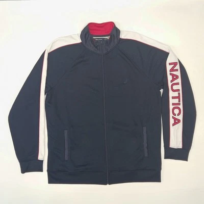 Chaqueta Nautica Para Hombre 2XL Azul Marino Rojo Rayas Logotipo Deletreado Cremallera Completa Foto 1 de 4