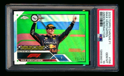 2023 Topps Chrome F1 #158 Max Verstappen Green Refractor #73/99 PSA 10 - Image 1 of 2