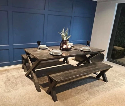 Black Dining Table Sets Bench Steel and Ebony Wood Industrial X Frame Cross Leg - Image 1 of 4