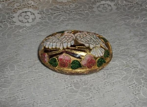 Vintage Cloisonné Enamel Cobalt Blue Glass 2 Pc Trinket Jewelry Box Doves Roses - Picture 1 of 1