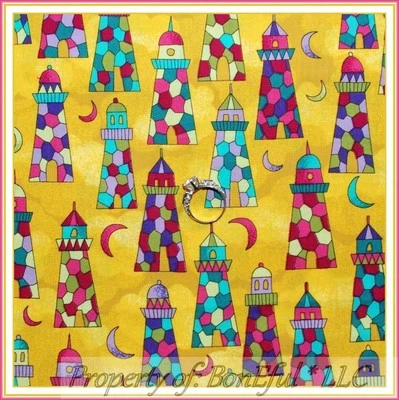 BonEful Fabric FQ Cotton Quilt Yellow Rainbow Ocean City Lighthouse Moon Glow US - Image 1 of 4