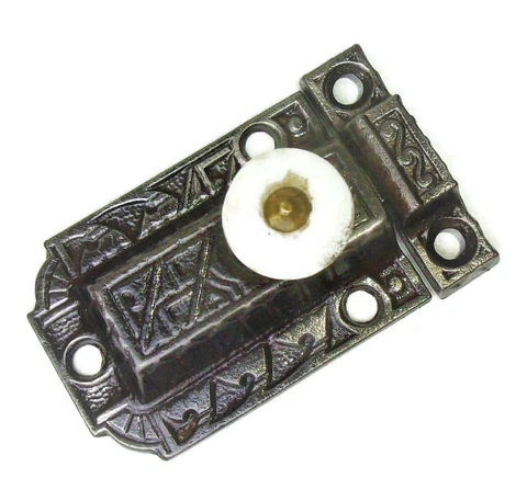Antique Vintage Ornate Eastlake Victorian Cabinet Door Bolt Lock Latch w/ Keeper Cover