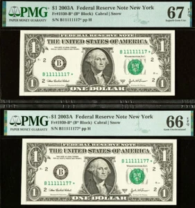 2003A $1 FRN PMG 67EPQ - Near Solid Serial Number 11111117* & 11111177* - Star - Picture 1 of 5