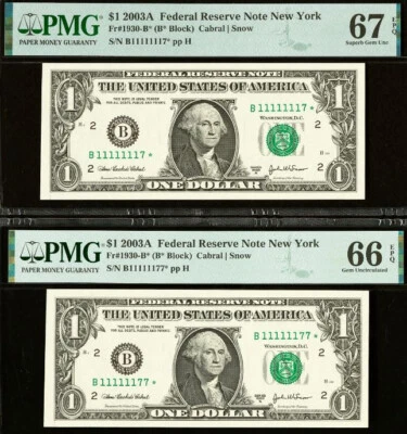 2003A $1 FRN PMG 67EPQ - Near Solid Serial Number 11111117* & 11111177* - Star - Image 1 of 4