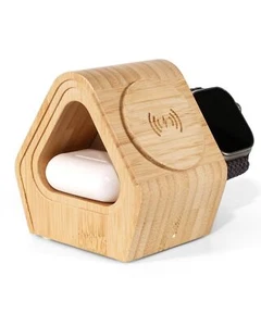 Bamboo Wireless Charging Station 3-in-1 Charger Stand with Bamboo Cabin Style... - Picture 1 of 8