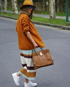 ZARA TRF Falda Midi Plisada Azul Aqua Marrón Beige Chifón Falda Larga Forrada M - Imagen 1 de 10