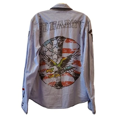 Camisa De Colección Y2K Ed Hardy Perla A Presión Manga Larga Piel Arte Águila Talla L Espalda Grande Arte Foto 1 de 4