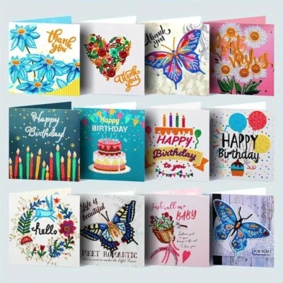 HANDMADE 4 Greeting Cards Assorted, Thank You, Happy Birthday Jewel Art COMPLETE U CHOOSE