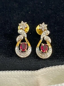 Pave 0.90 Cts Round Brilliant Cut Diamonds Ruby Dangle Earrings In 585 14K Gold - Picture 1 of 12