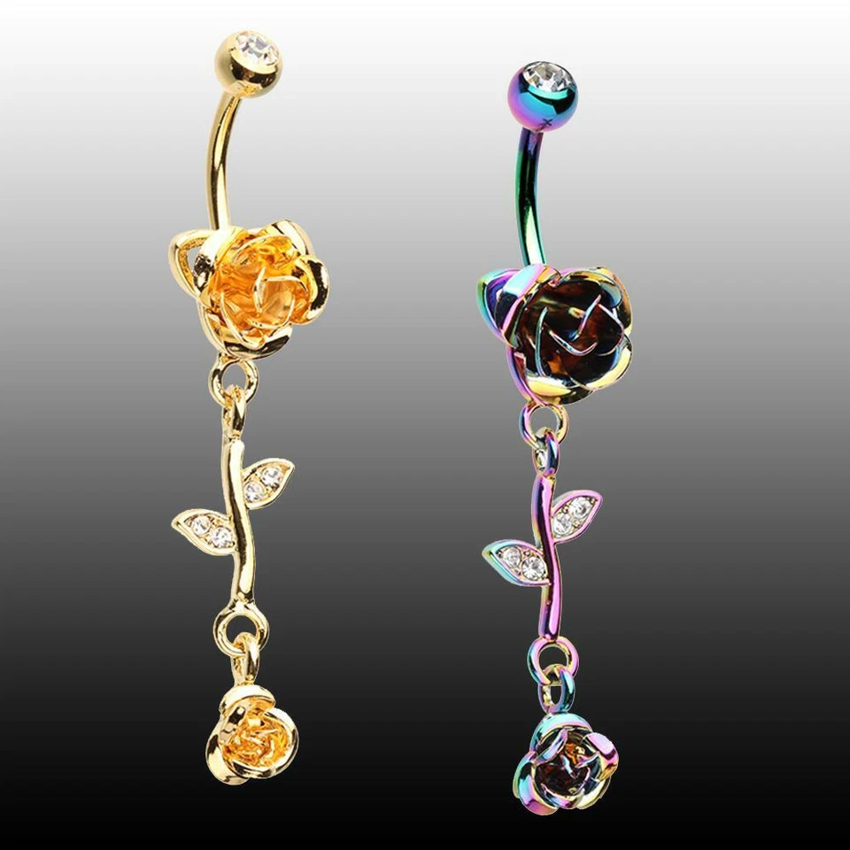Gold Metal Rose Vine Dangle Belly Ring Rainbow Sexy Beautiful Flower Clear CZ - Image 1 of 1