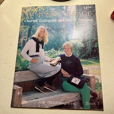vintage 80s Campus Collage Collegiate & Greek designs cross stitch pattern - Image 1 of 4
