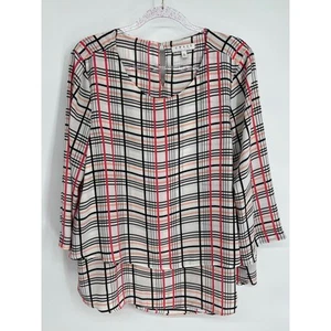 Chaus Plaid Blouse Long Sleeve Keyhole Neck Layered Hem Top Size L White Black - Picture 1 of 8