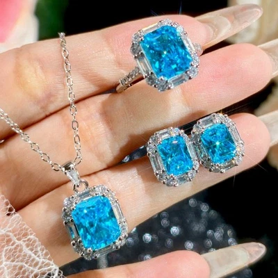 Juego de 3 piezas de collares pendientes brillantes de topacio azul océano corte flor hielo gemas encanto mujeres Foto 1 de 4