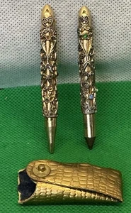 2 Vintage 1960s Ornate Gold Mechanical Pencils Chatelaine Style w/Gem Accents - Picture 1 of 4