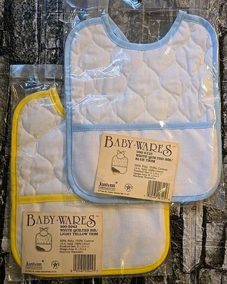 2 Janlynn Baby-Wares Bib 1 Blue 1 Yellow Trim Aida Pocket Counted Cross Stitch - Image 1 of 4
