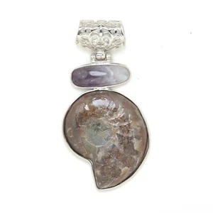 Natural Purple Amethyst Gemstone and Ammonite Fossilized Shell Jewelry Pendant - Picture 1 of 1